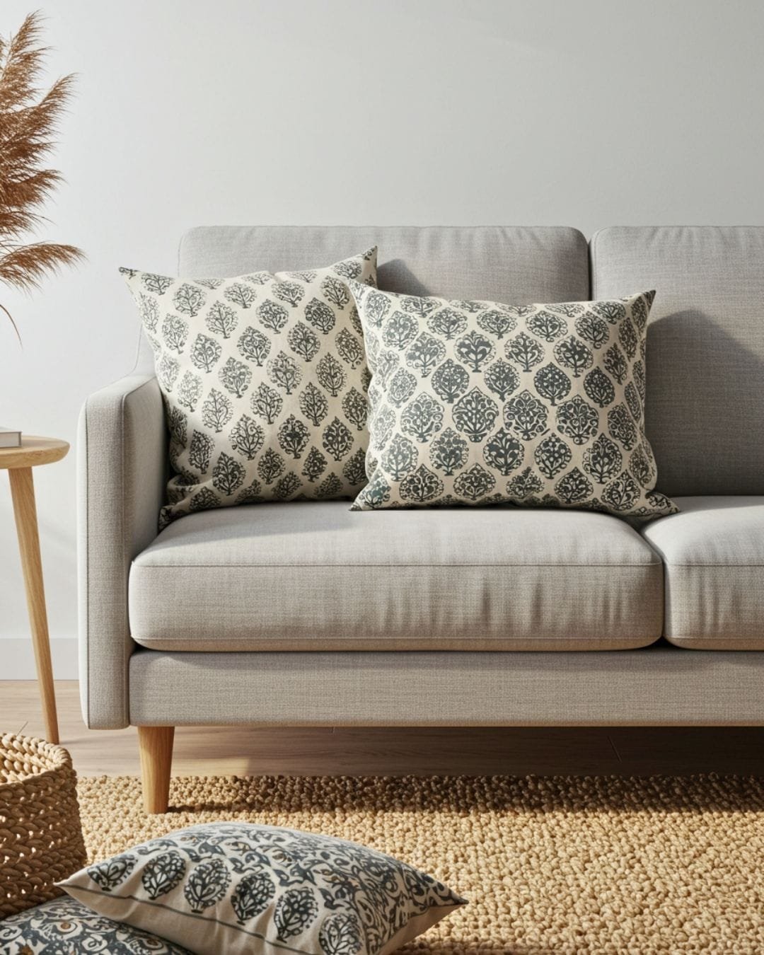 Modern Indian Minimalism: 2025 Interior Design Trend 6 A close-up of a minimalist sofa with cushions featuring Indian block prints and a jute rug