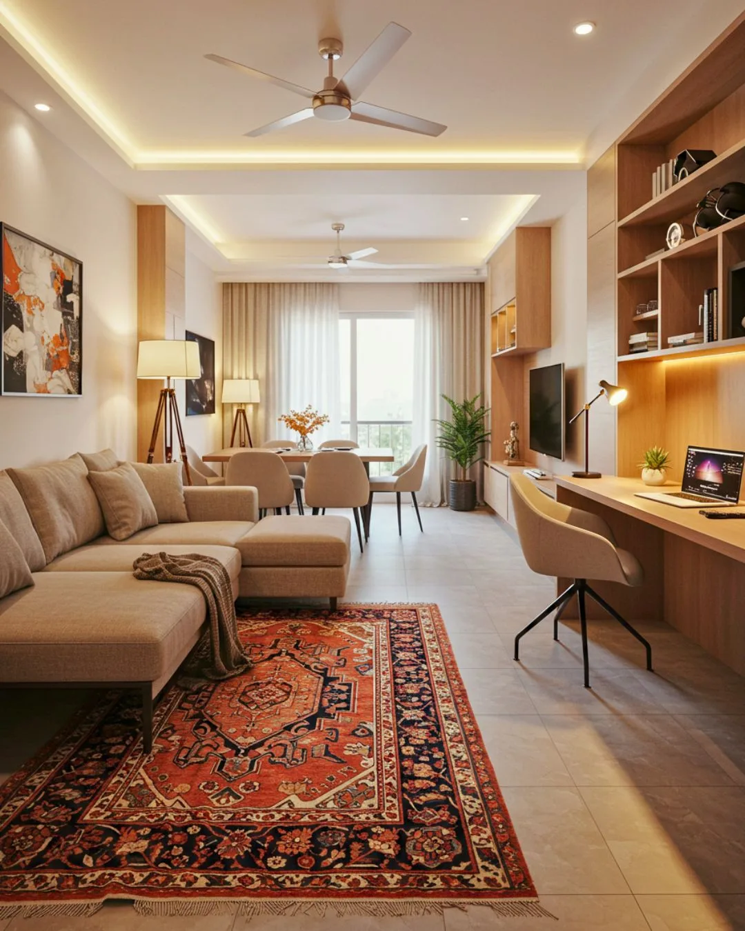 Multifunctional Spaces in Indian Homes 2025 5 A living room divided into different zones using furniture, a rug, and different lighting