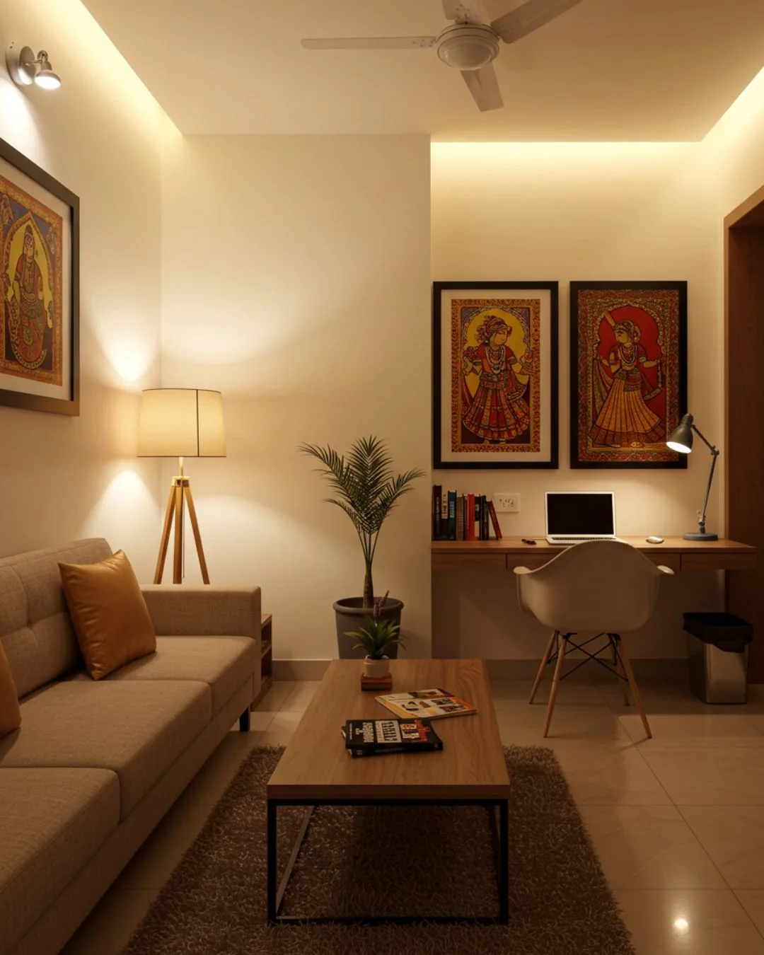 Multifunctional Spaces in Indian Homes 2025 7 A living room with layered lighting - ambient lighting, task lighting over a desk, and accent lighting highlighting artwork
