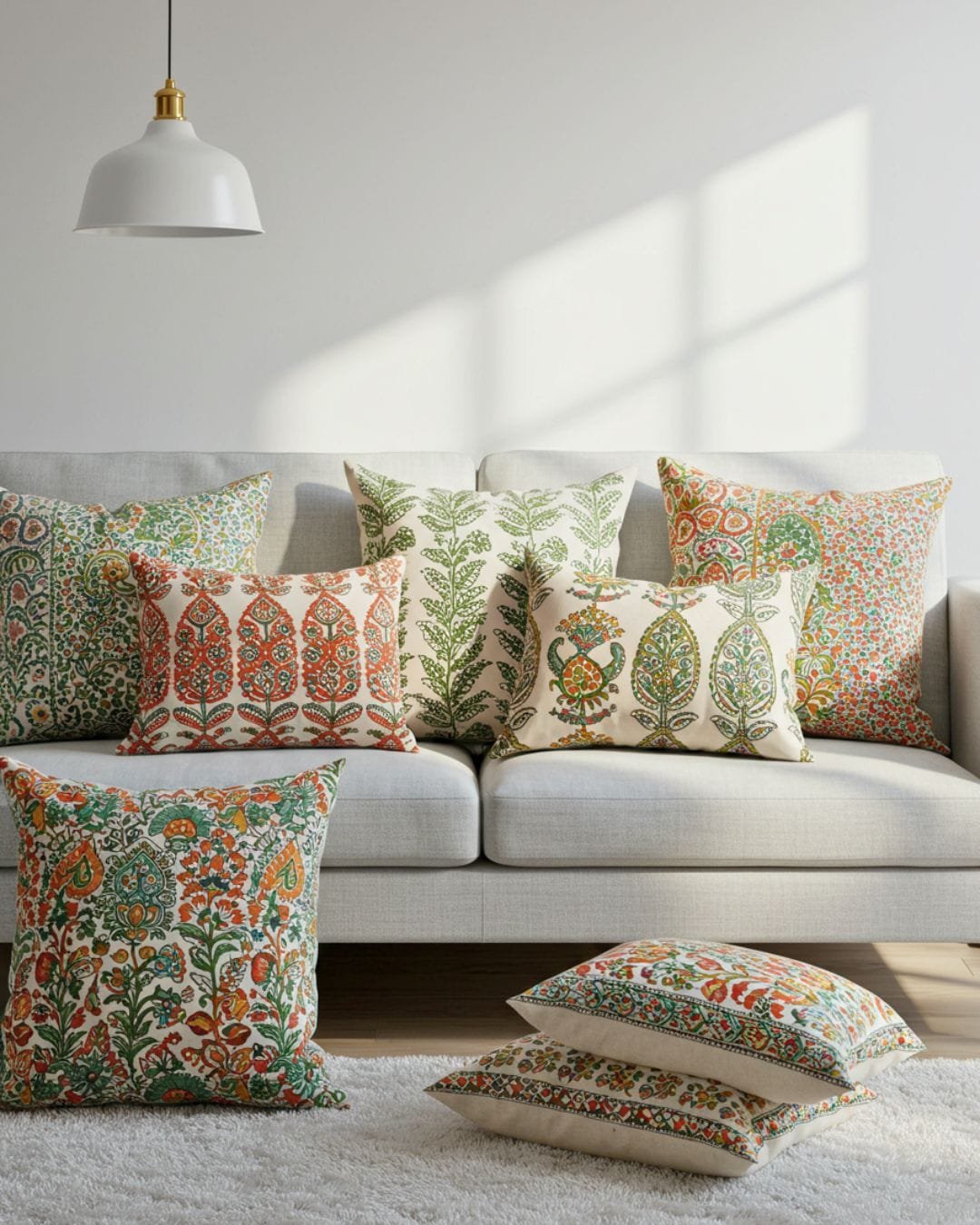 Modern Indian Minimalism: 2025 Interior Design Trend 4 A living room with white walls, a light gray sofa, and vibrant cushions with Indian block print patterns