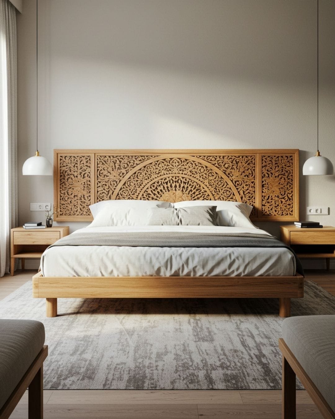 Modern Indian Minimalism: 2025 Interior Design Trend 5 A minimalist wooden bed with clean lines and a handcrafted Indian headboard