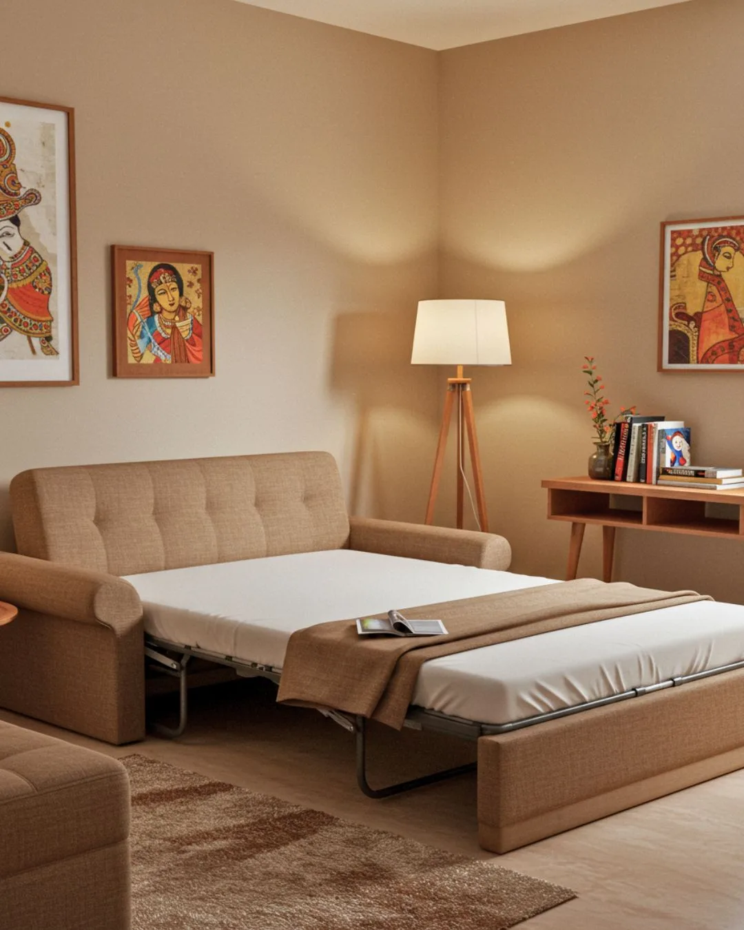 Multifunctional Spaces in Indian Homes 2025 4 A sofa bed in a stylish Indian living room