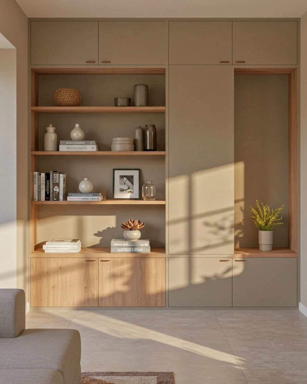 Multifunctional Spaces in Indian Homes 2025 6 A wall with built-in storage shelves and cabinets