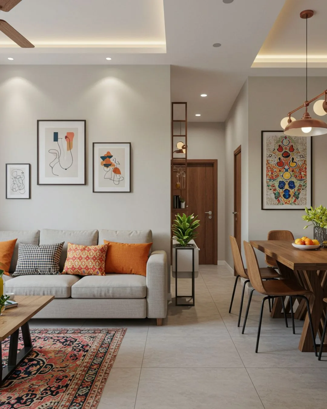 Multifunctional Spaces in Indian Homes 2025 2 A well-designed Indian living room that serves as both a living and dining space, with clever use of furniture and zoning.