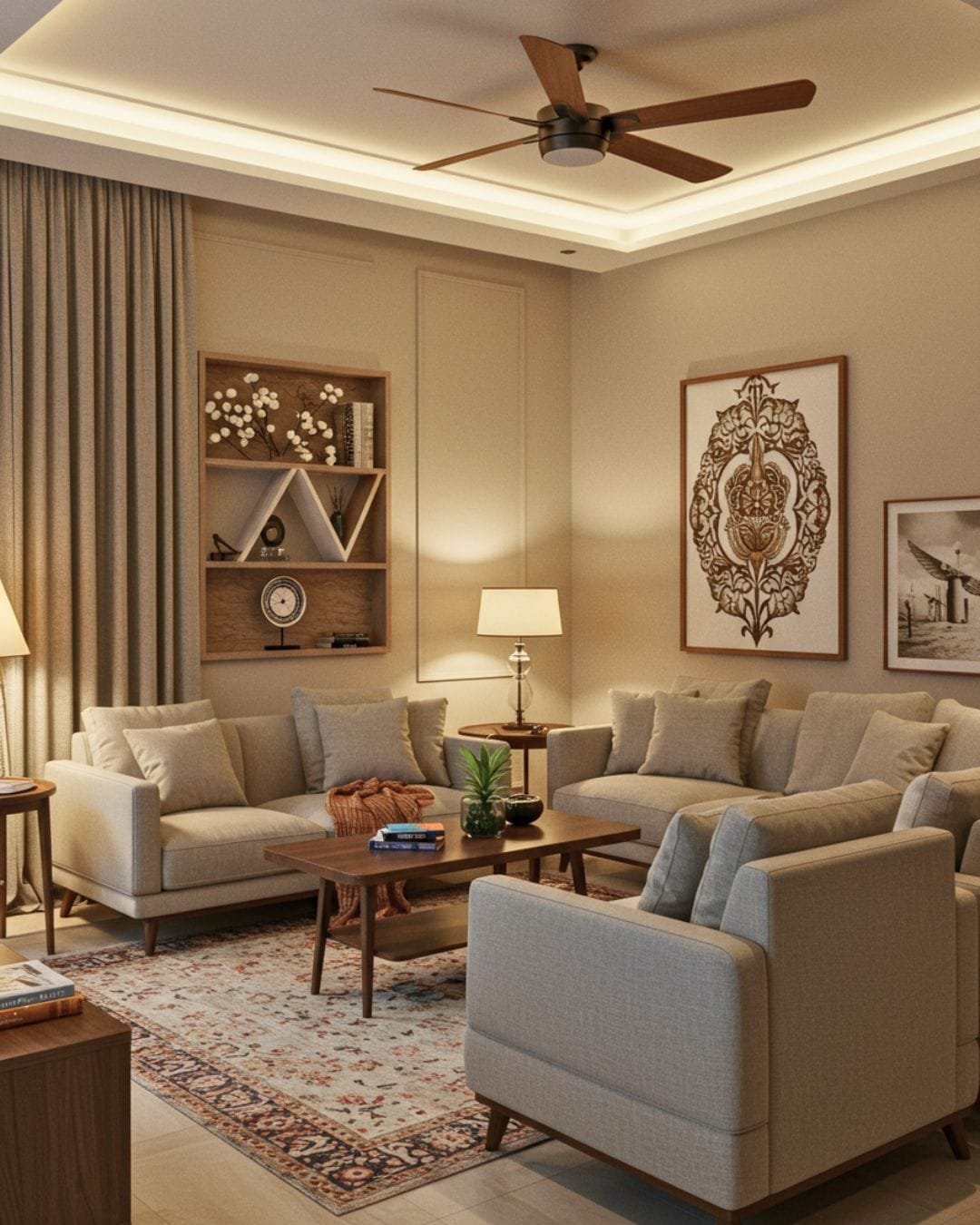 Smart Homes in India 2025 - Tech & Tradition in Harmony 2 An Indian living room with warm, inviting smart lighting