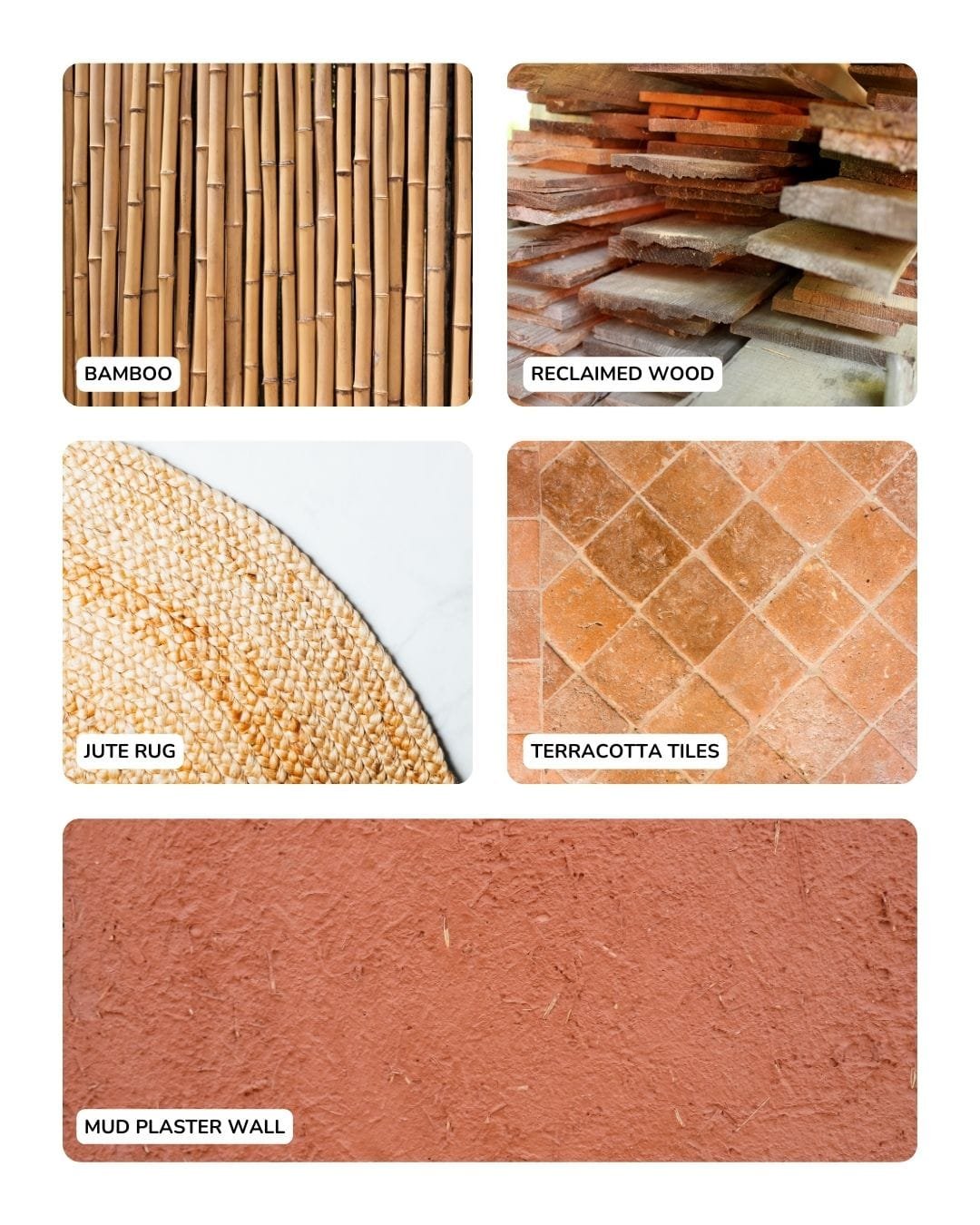 Sustainable Materials for Indian Homes: 2025 Design Trends 3 Collage of sustainable materials for Indian homes