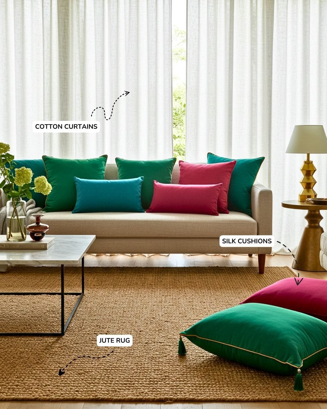 Sustainable Materials for Indian Homes: 2025 Design Trends 6 Indian living room with natural fiber textiles